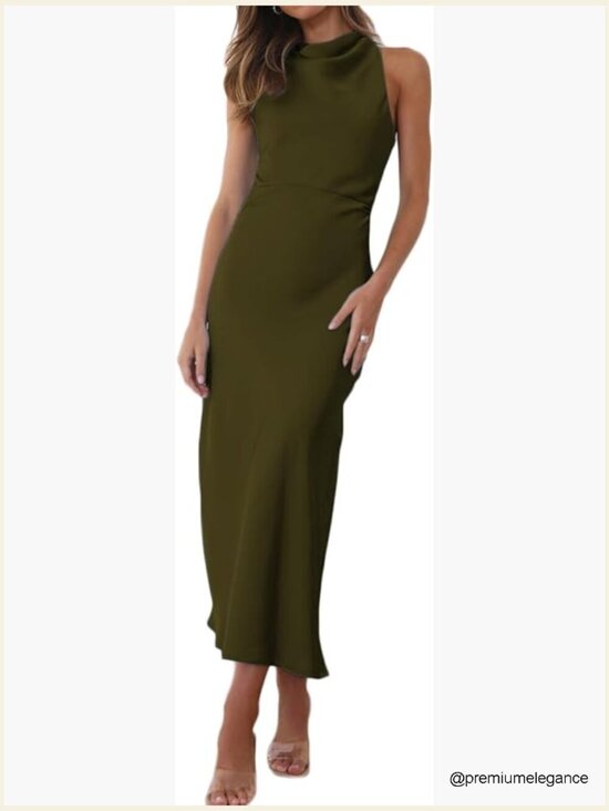 Dresses & Skirts - Elegant Satin Mock Neck Backless Midi Dress